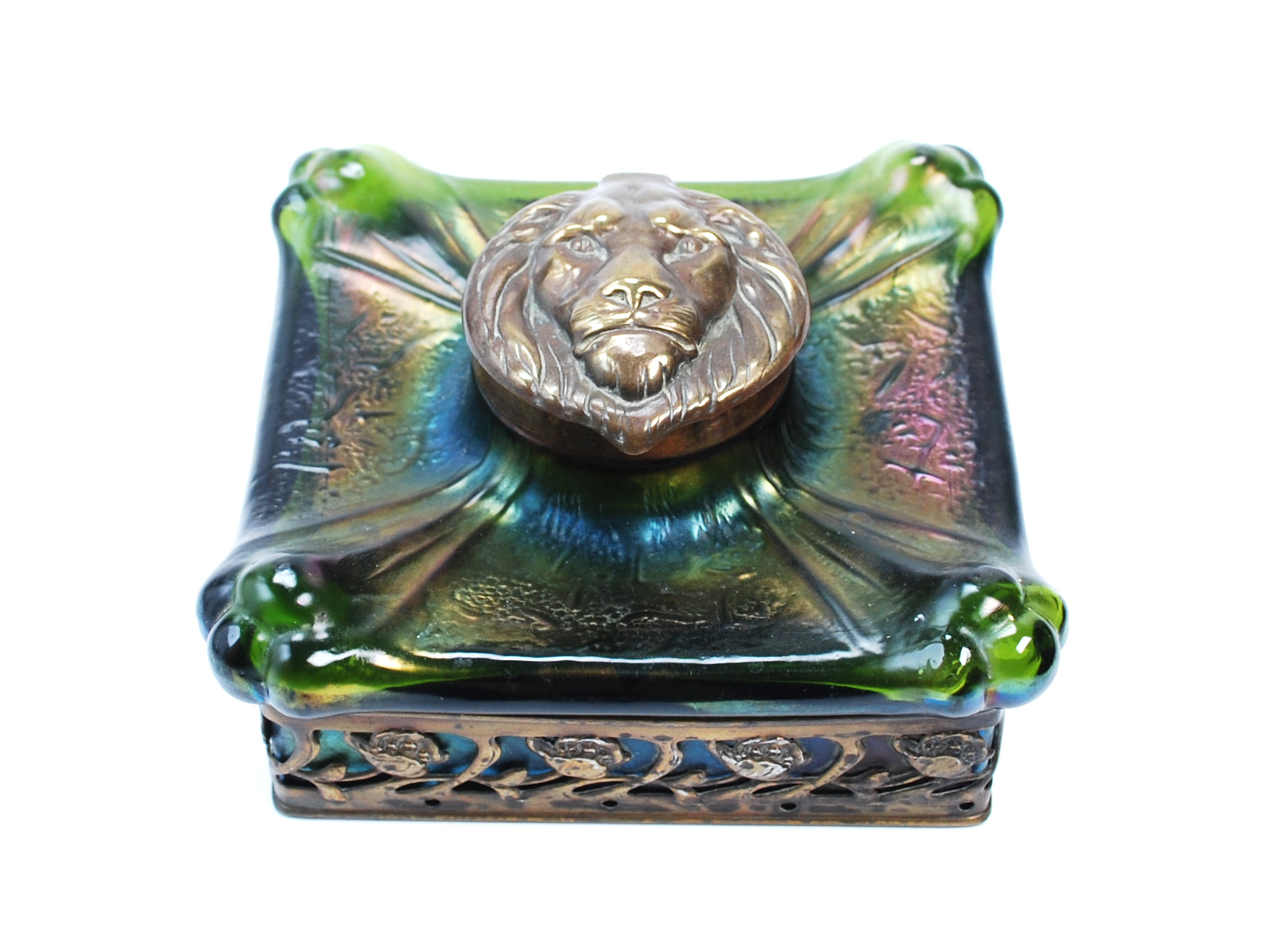 Kralik Art Glass Inkwell, Lion-head Lid