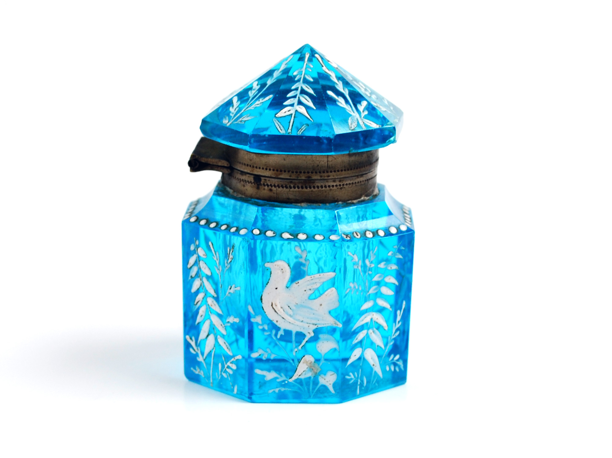 Cut Glass Inkwell, Six sided, Sapphire Blue with White Enameling