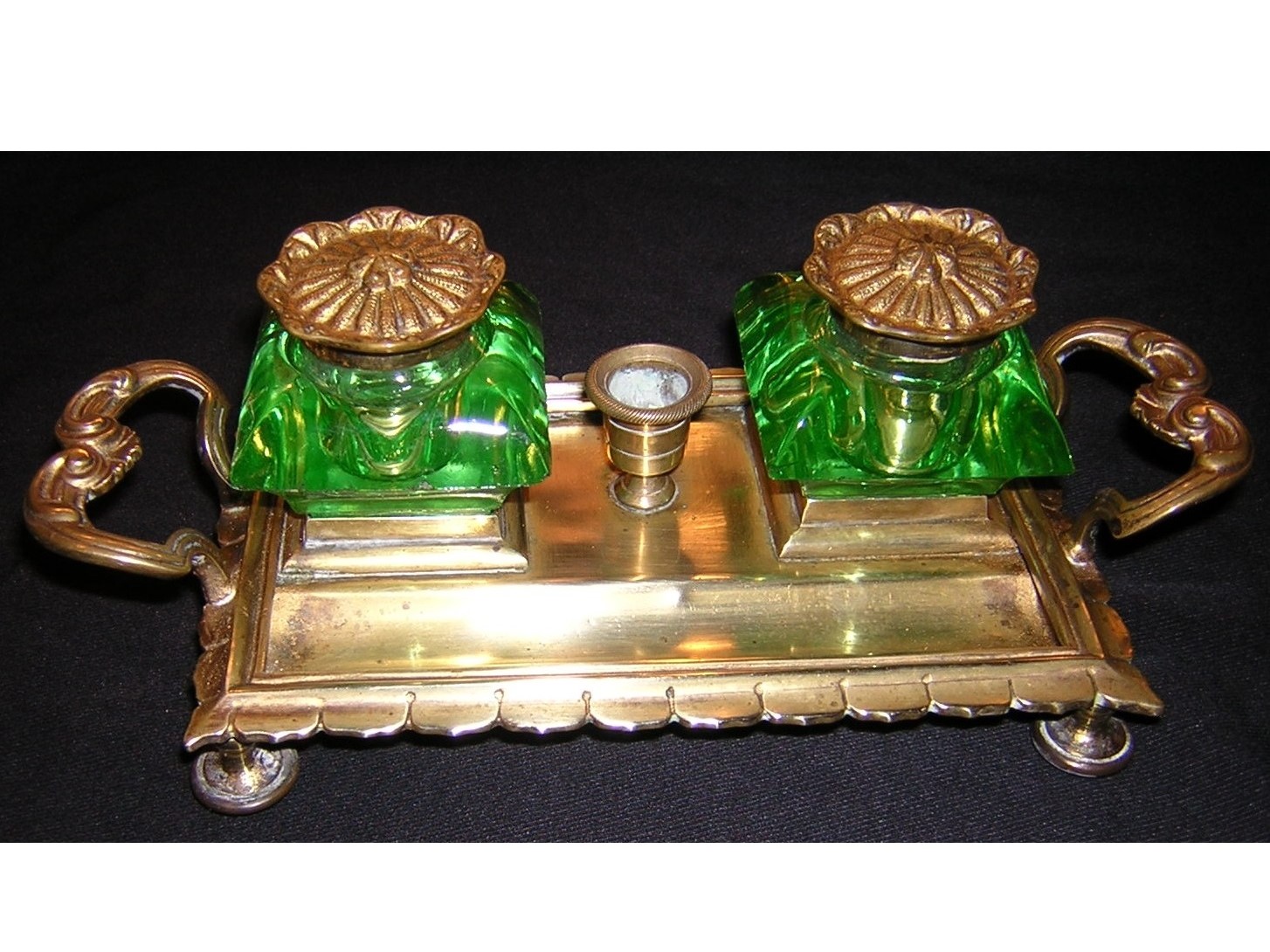 Brass Standish with Green Glass Inkwells