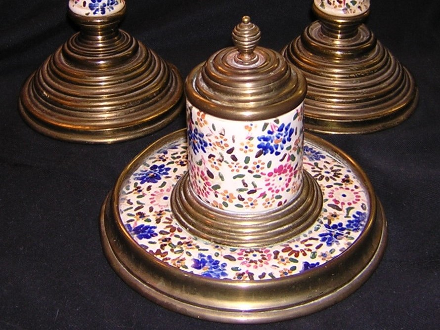 Brass and Porcelain Inkwell & Candlesticks