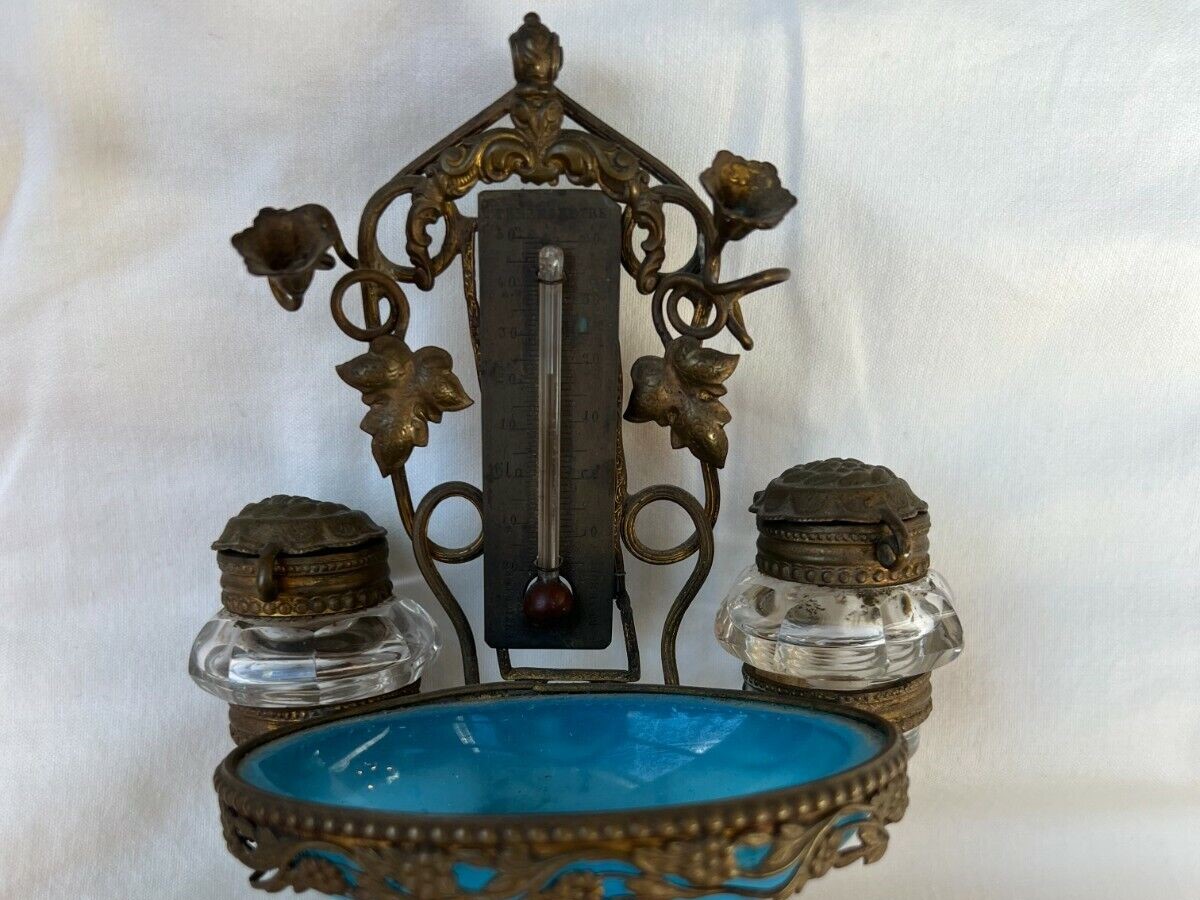 Palais Royal BLUE OPALINE Double Inkstand with Thermometer