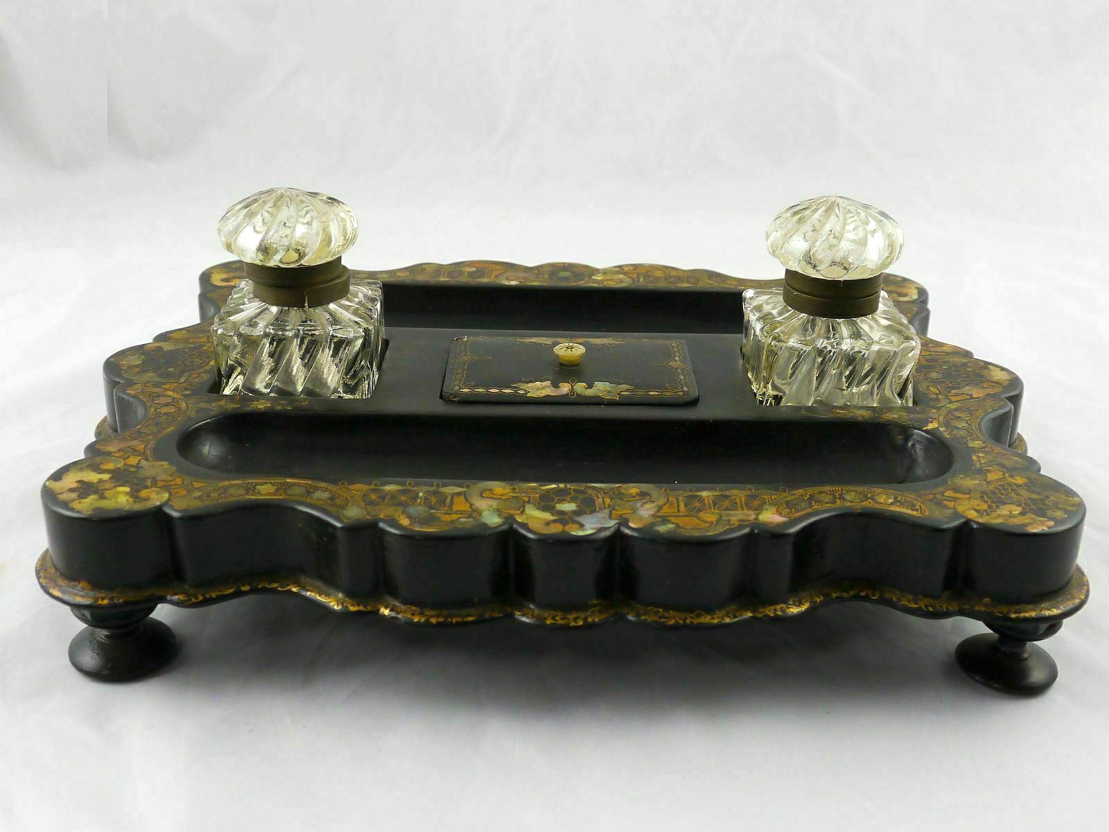 Papier Maché / Mother of Pearl Double Inkstand