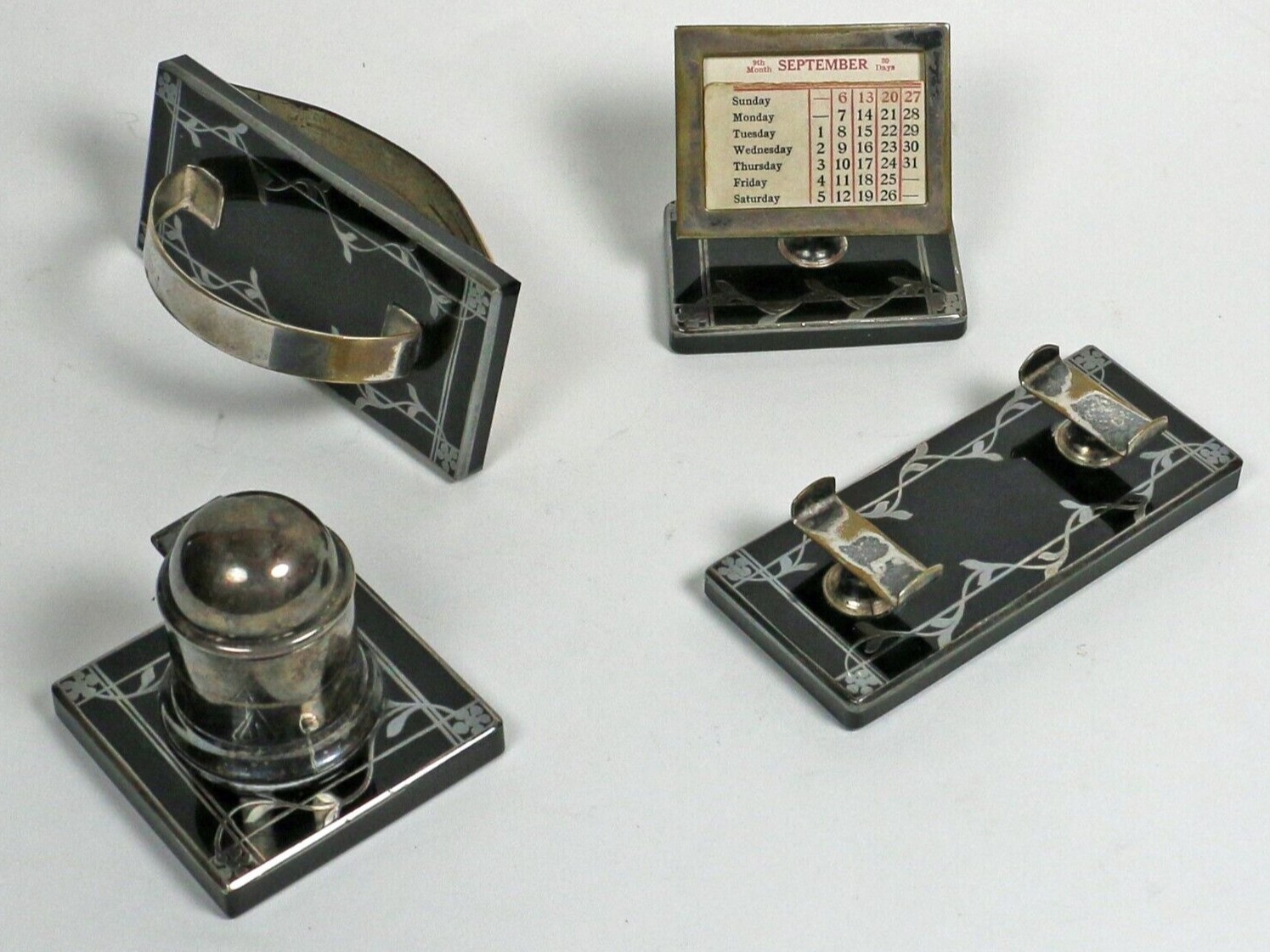 Desk Set – Black Glass with Silver Inlay