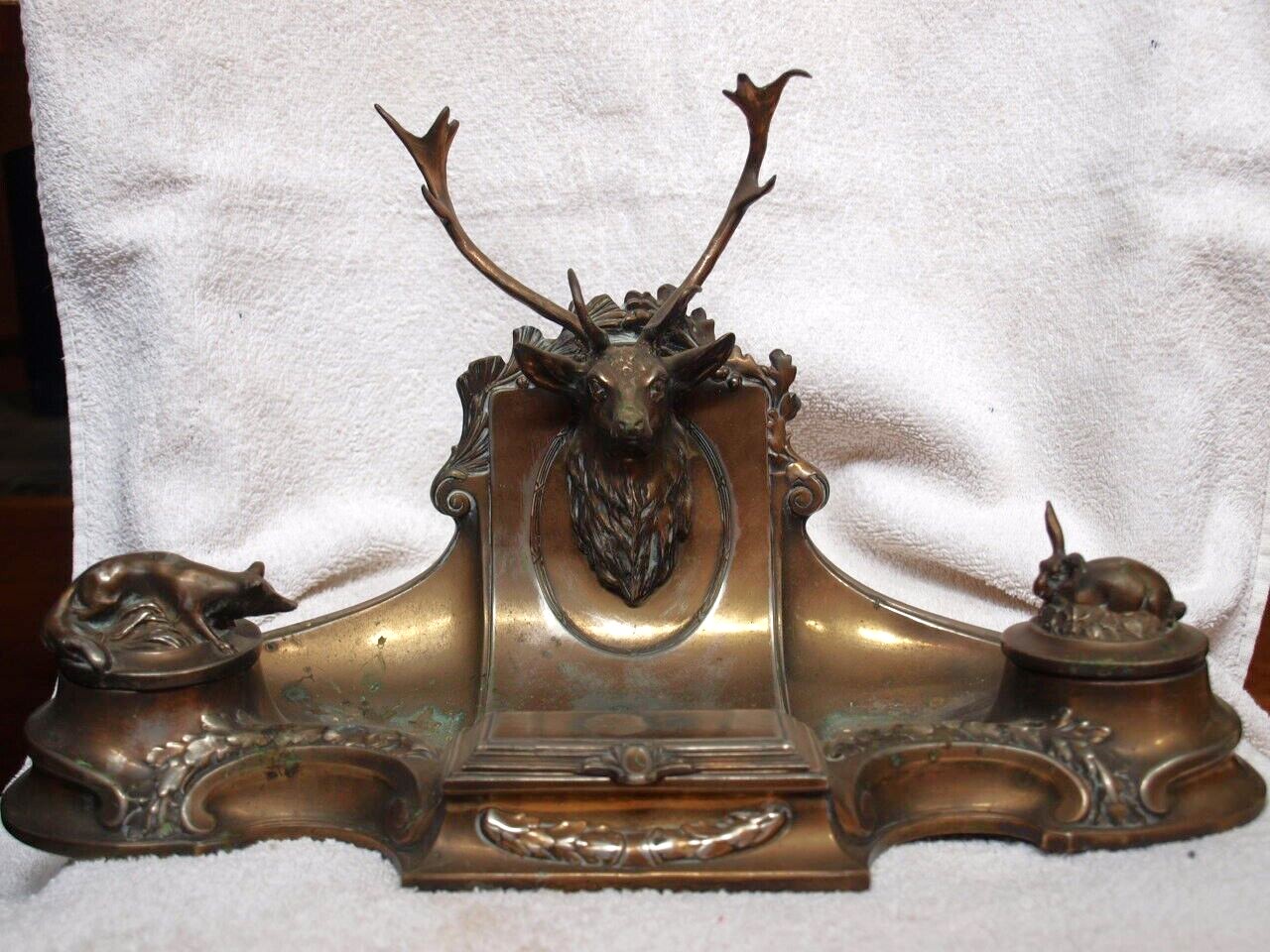 Stag Double Inkstand with Fox and Rabbit