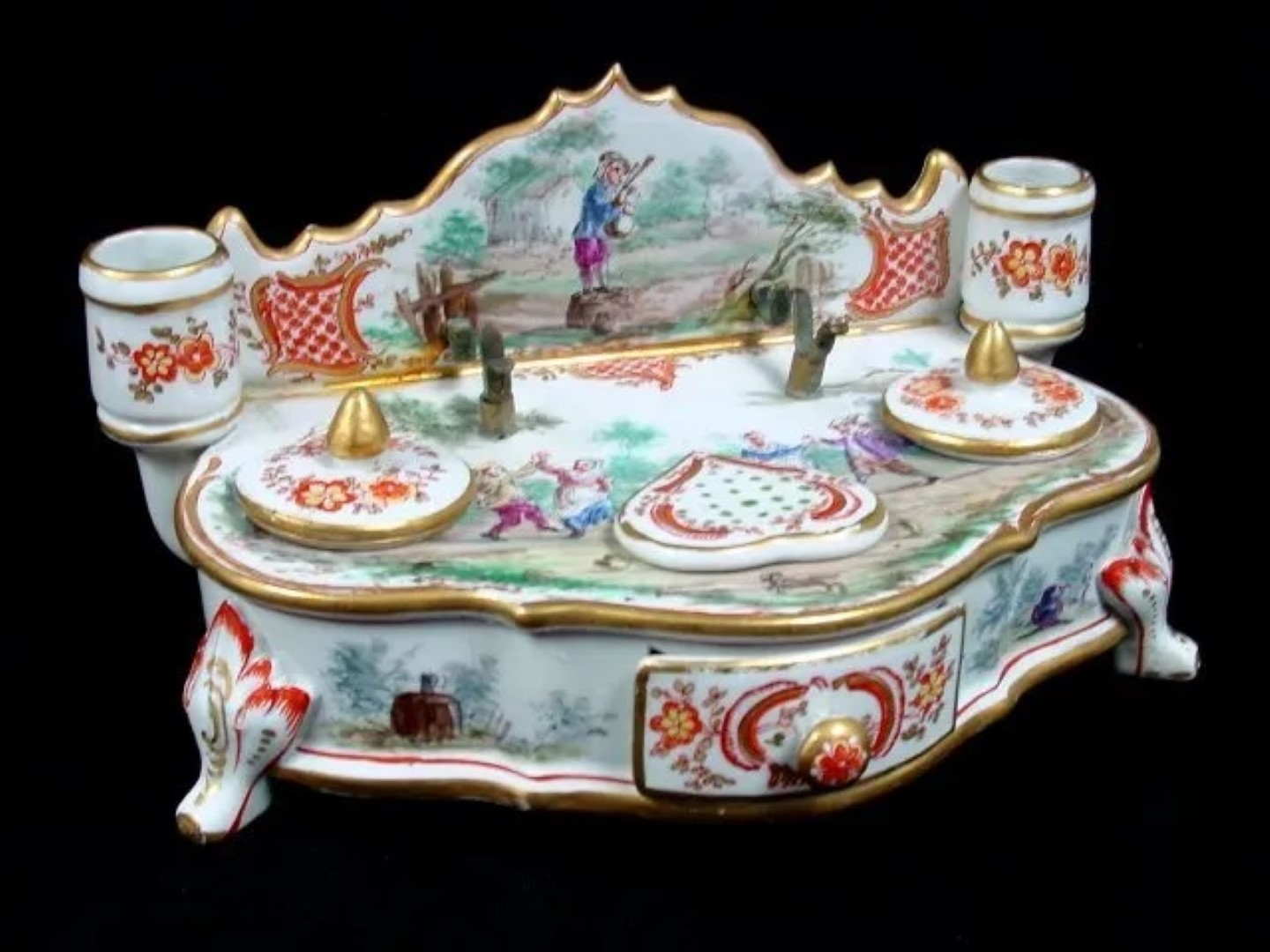 Veuve Perrin France Hand-Painted Faience Inkstand