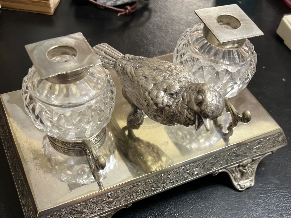 Silverplate Double Inkstand with a Bird