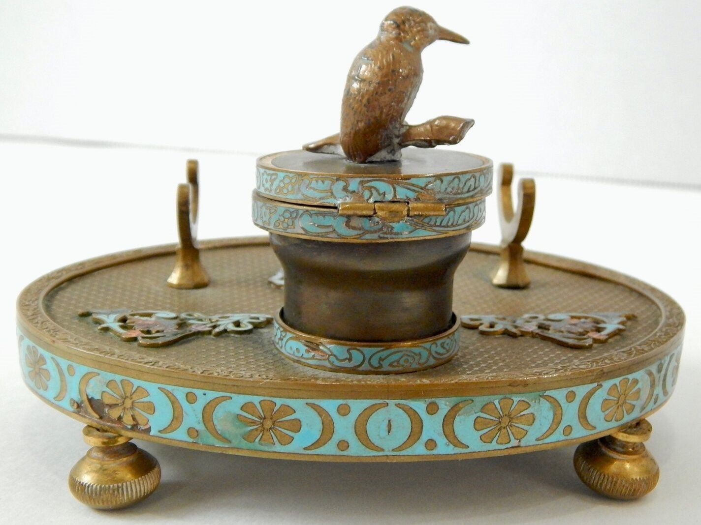 Champlevé Bronze Enamel Inkstand with Kingfisher
