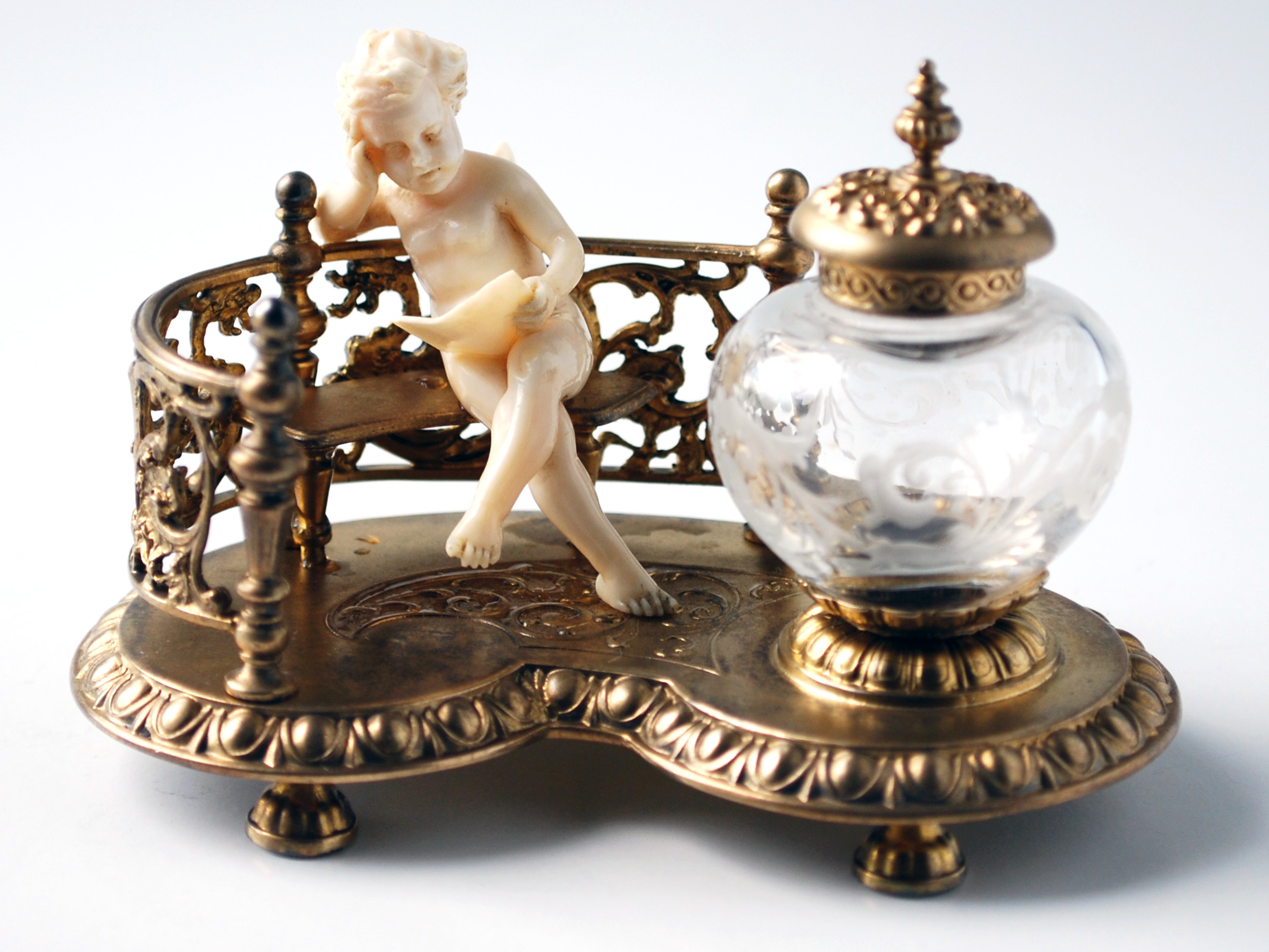 Sterling Inkstand with Ivory Cherub and Engraved Glass Inkwell