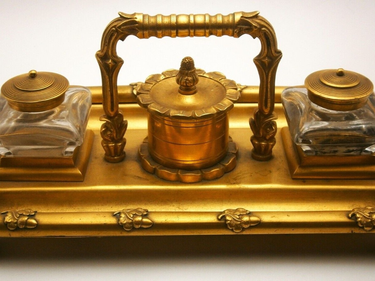 Brass Double Inkstand – Acorn Motif