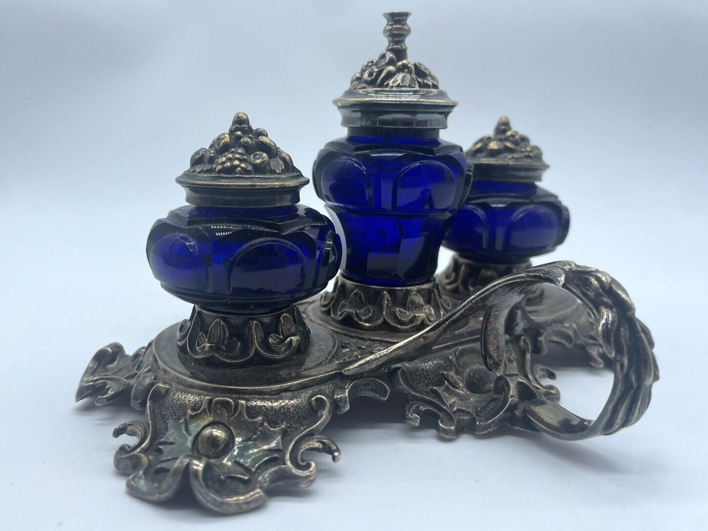Elkington Double Inkstand – Cobalt Blue Glass
