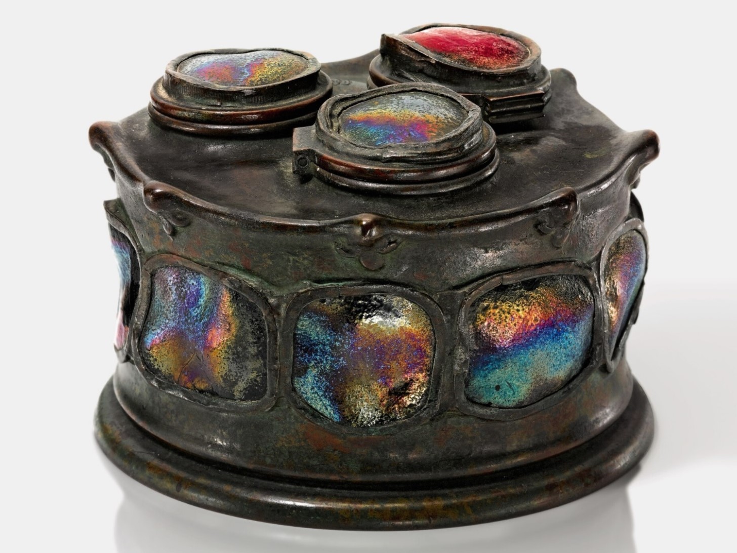 Tiffany Jeweled “Turtle-back Tile” Triple Inkstand