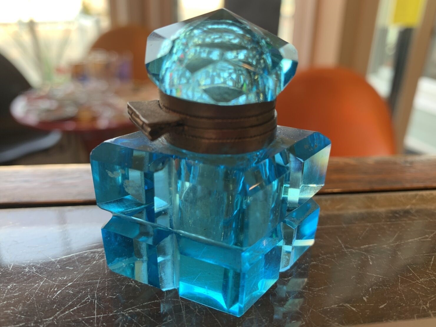 Blue Cut Glass Inkwell
