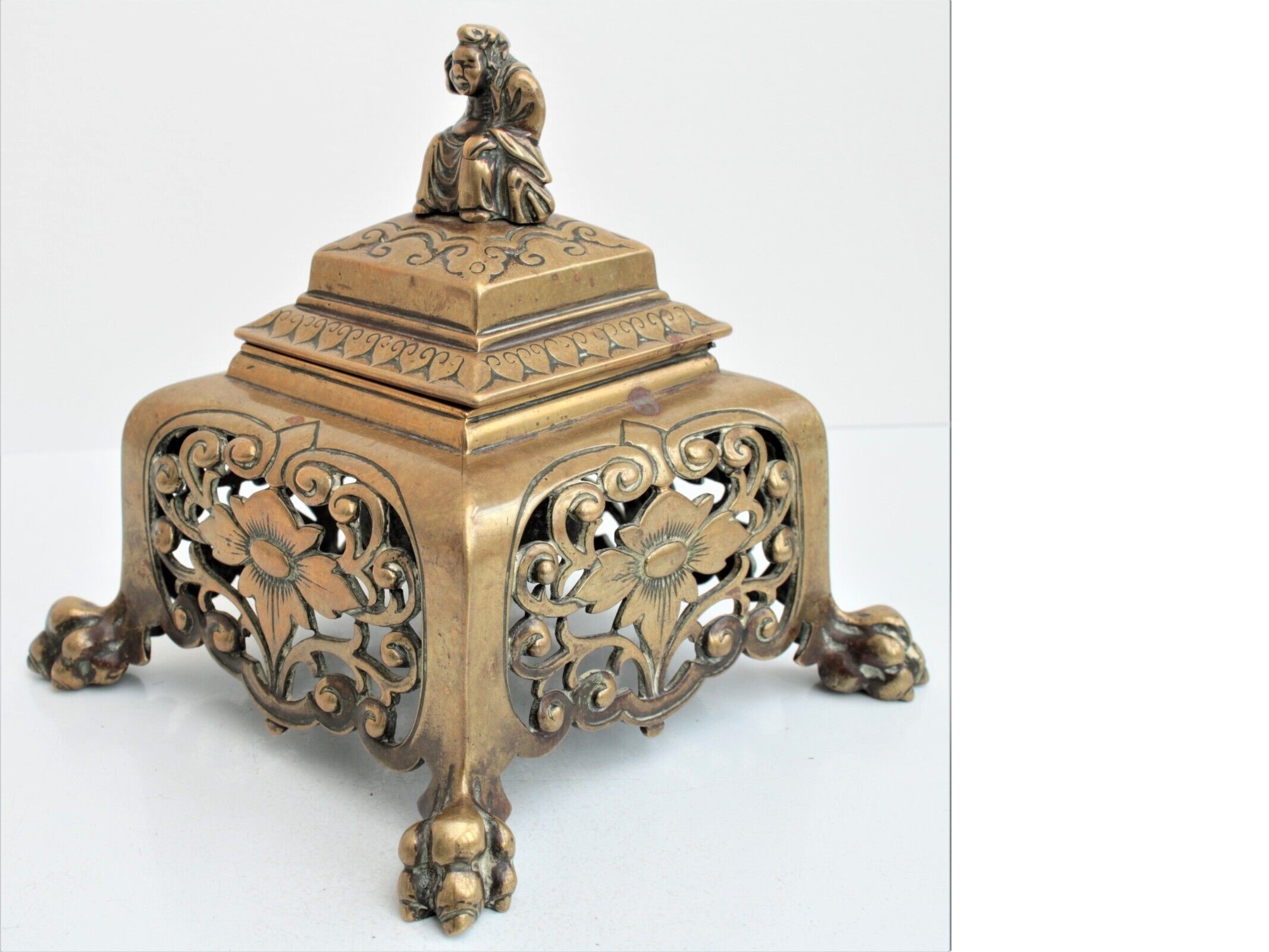 Brass Inkwell with Japanese Figure