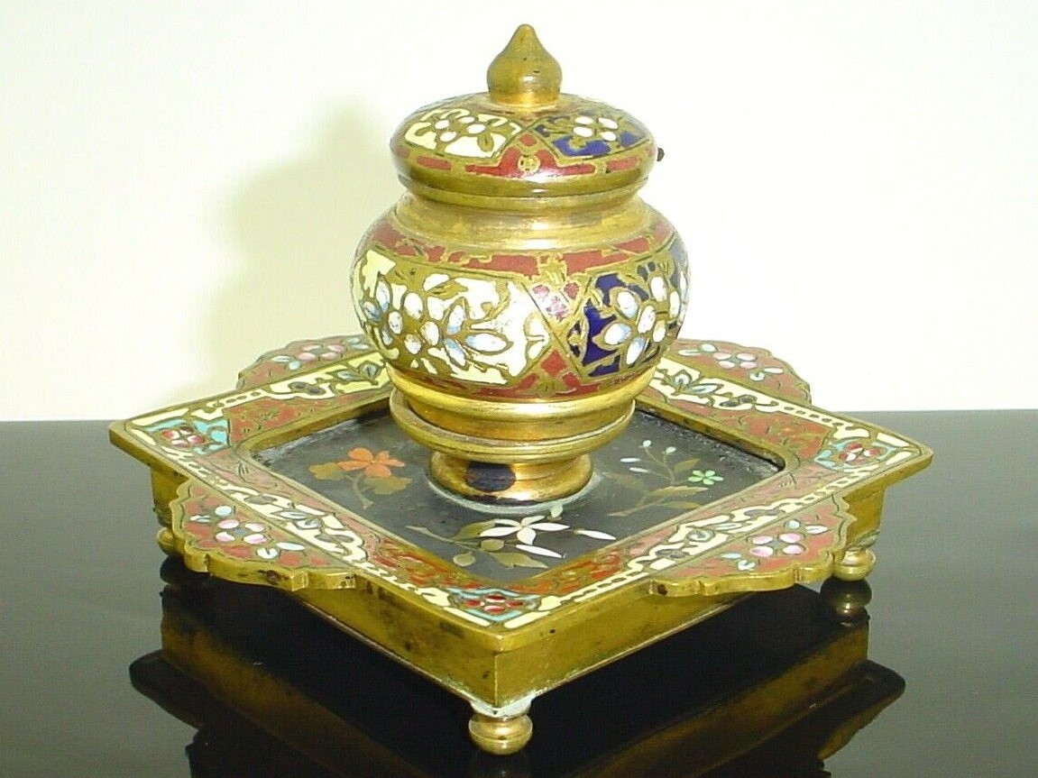 Pietra Dura Champlevé Bronze Inkwell