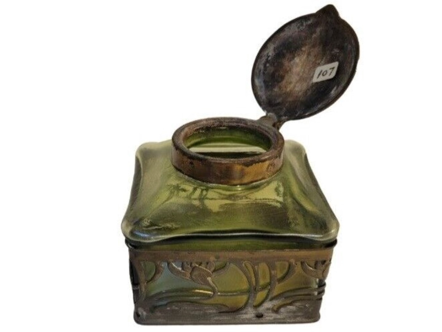Bohemian Art Glass Inkwell with Water Lily Overlay