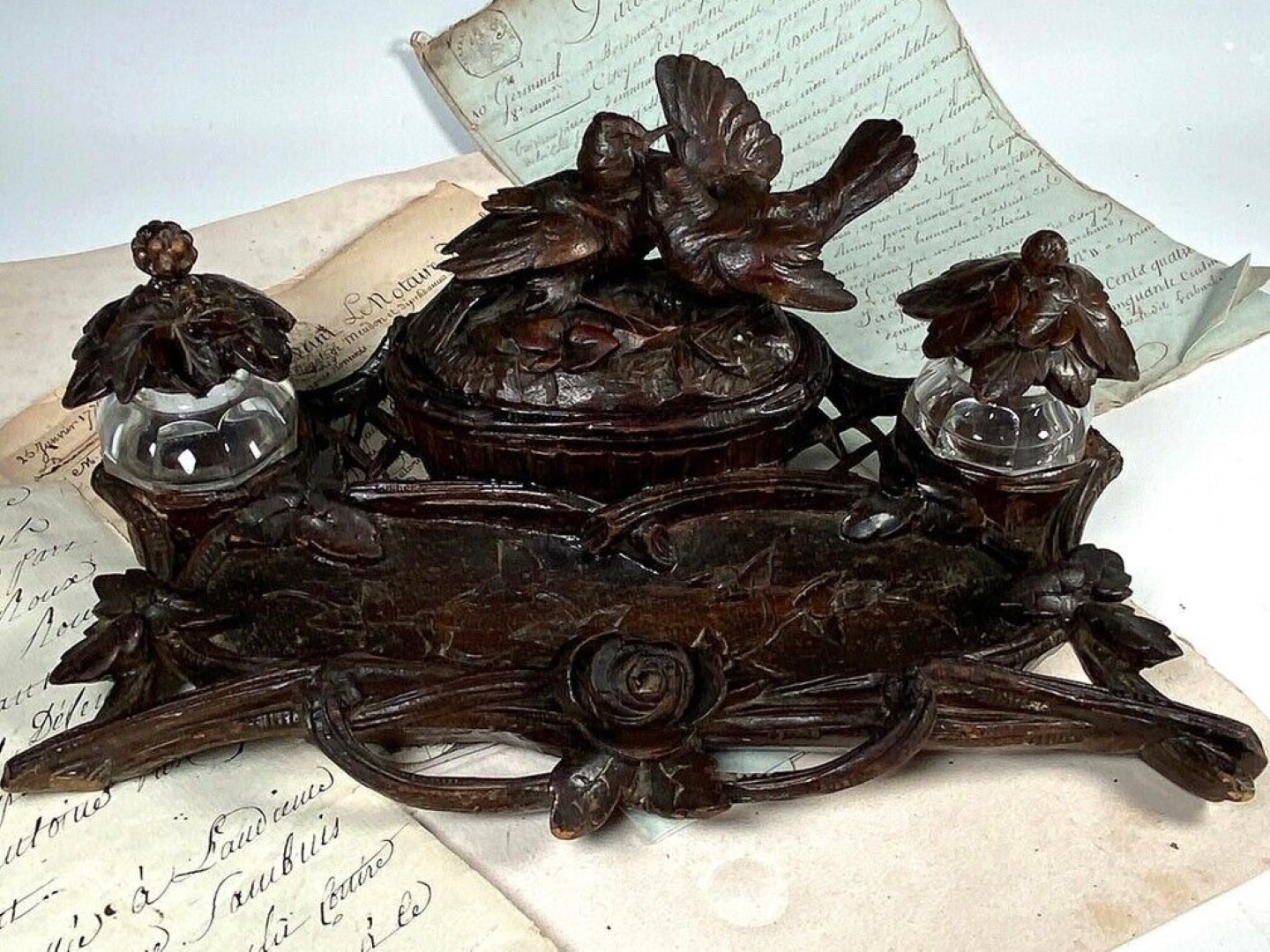 Hand-carved Black Forest Inkstand with Birds