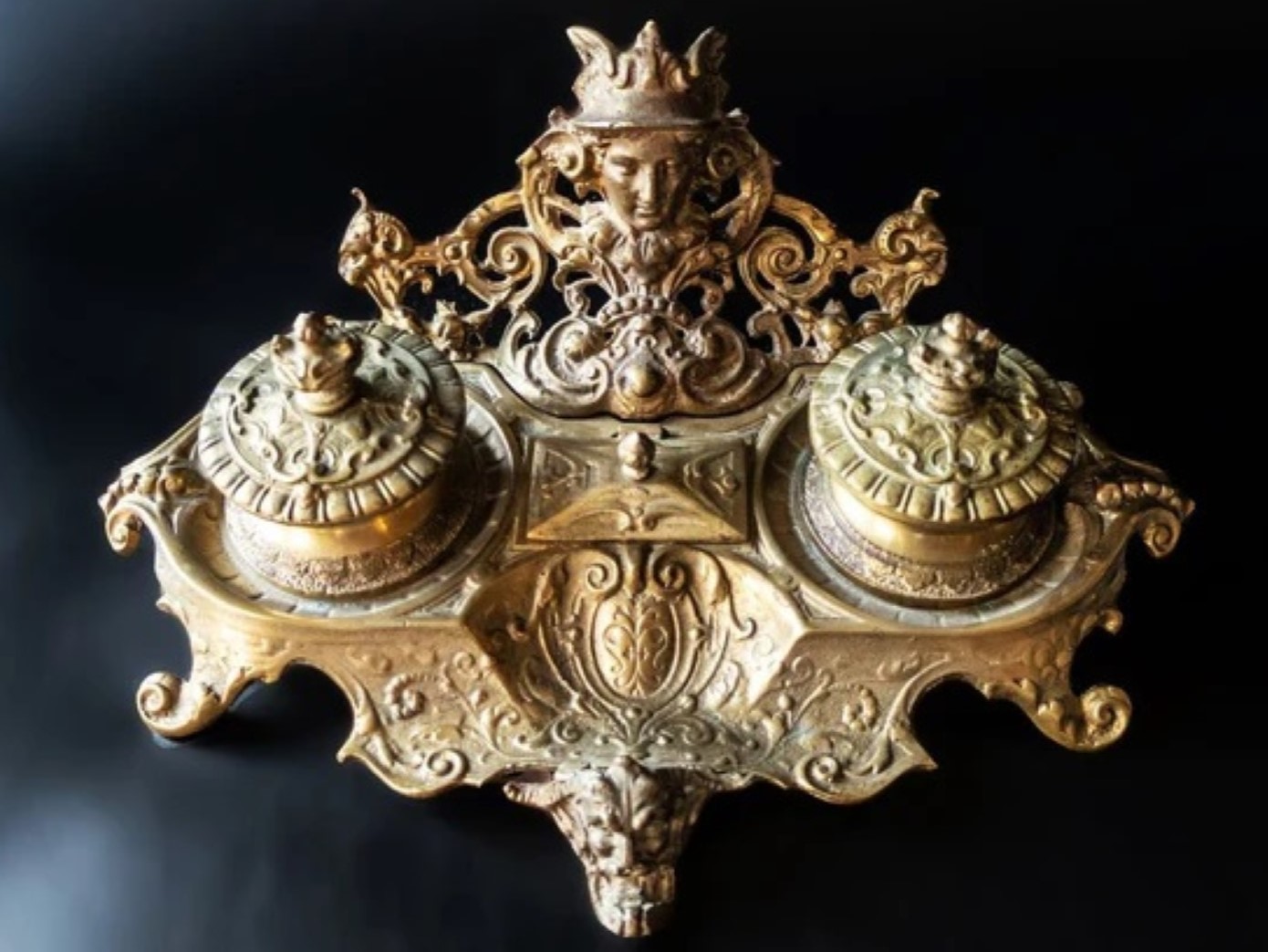 Buyer Be Aware! Antique Bronze Double Inkwell Figural Face Louis XV Style