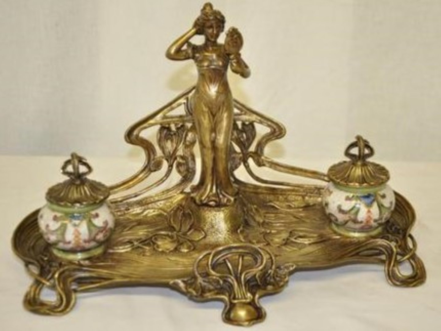 Buyer Be Aware! Art Nouveau Lady Bronze and Porcelain Inkwell