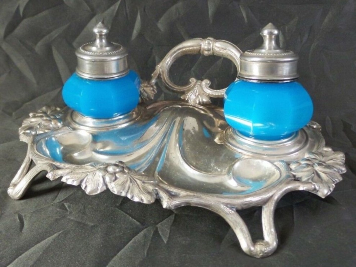 Silver Inkstand with Blue Milk Glass Inkwell / Sander