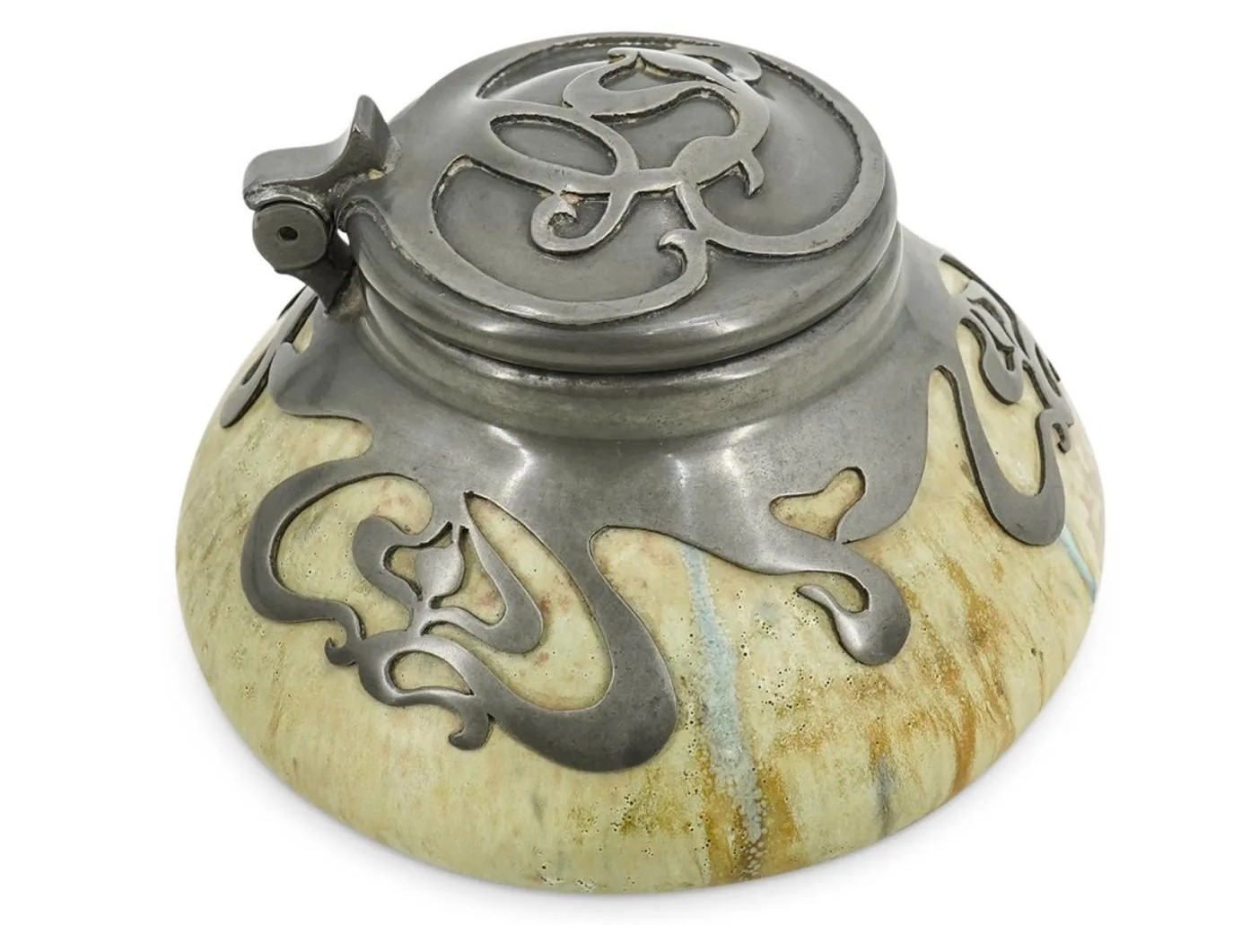 Pewter Mounted Stoneware Inkwell