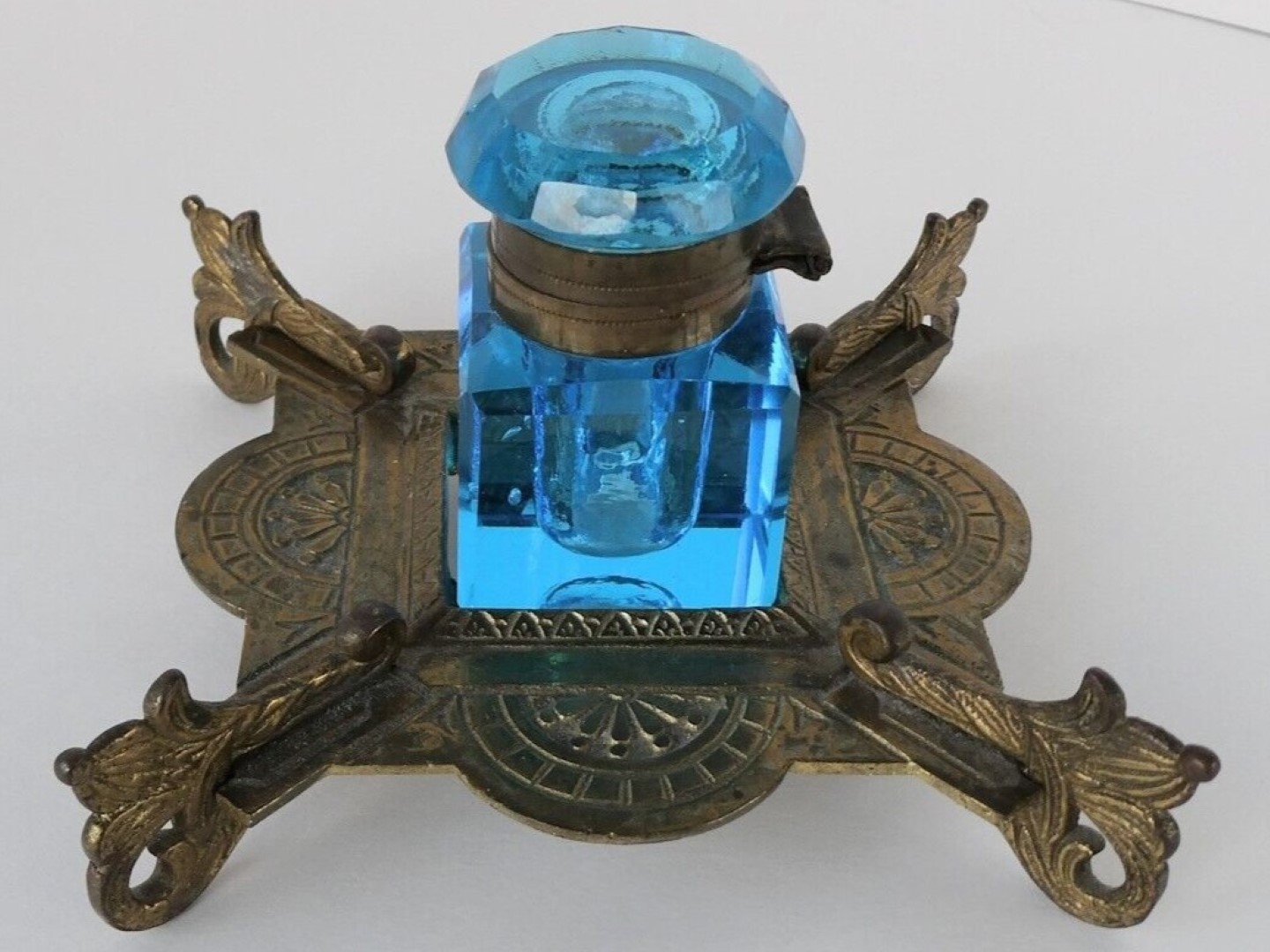 Blue Cut Glass Inkwell on Brass Base