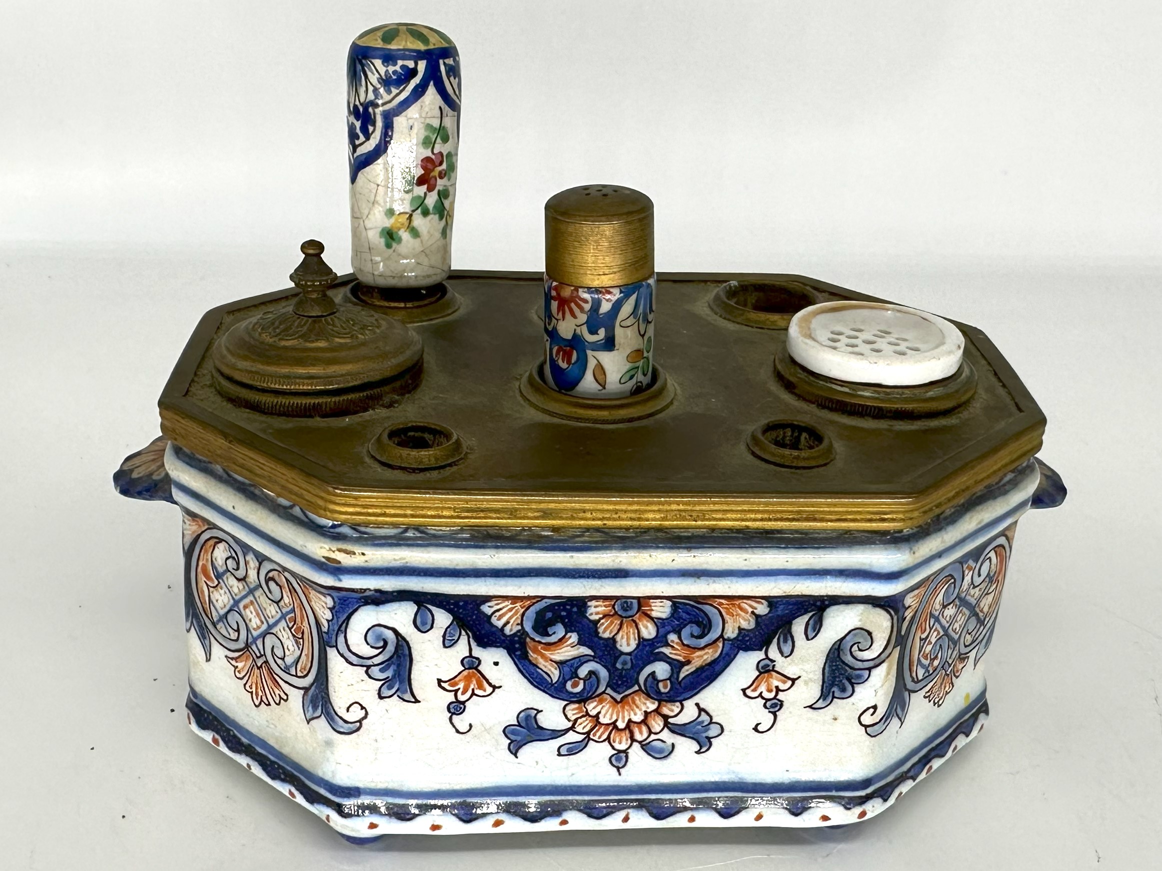 French Hand Painted Faience Inkstand