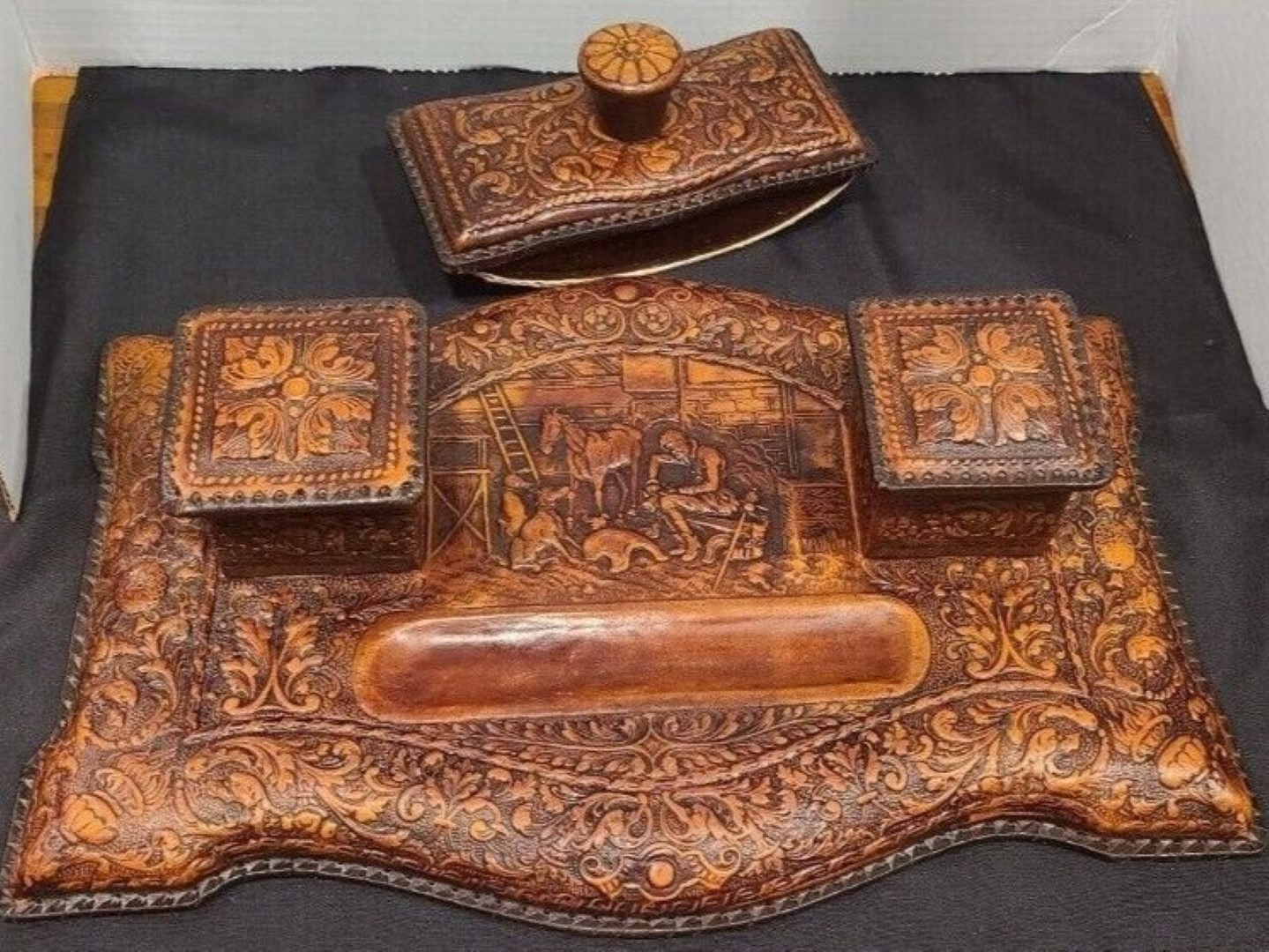 Tooled Leather Double Inkstand