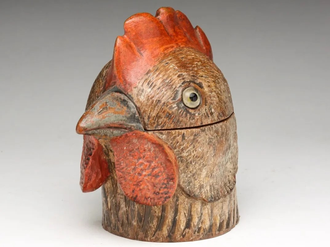 Carved Rooster Head Inkwell
