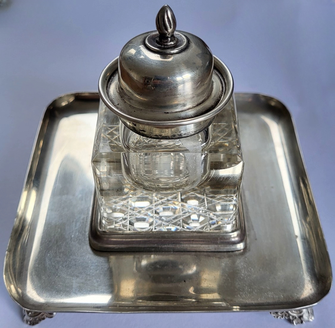 Edwardian silver crystal inkwell with a tray