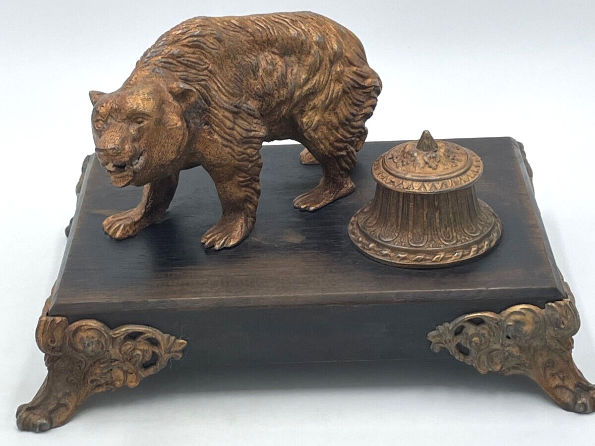 Cast Metal Bear Inkstand