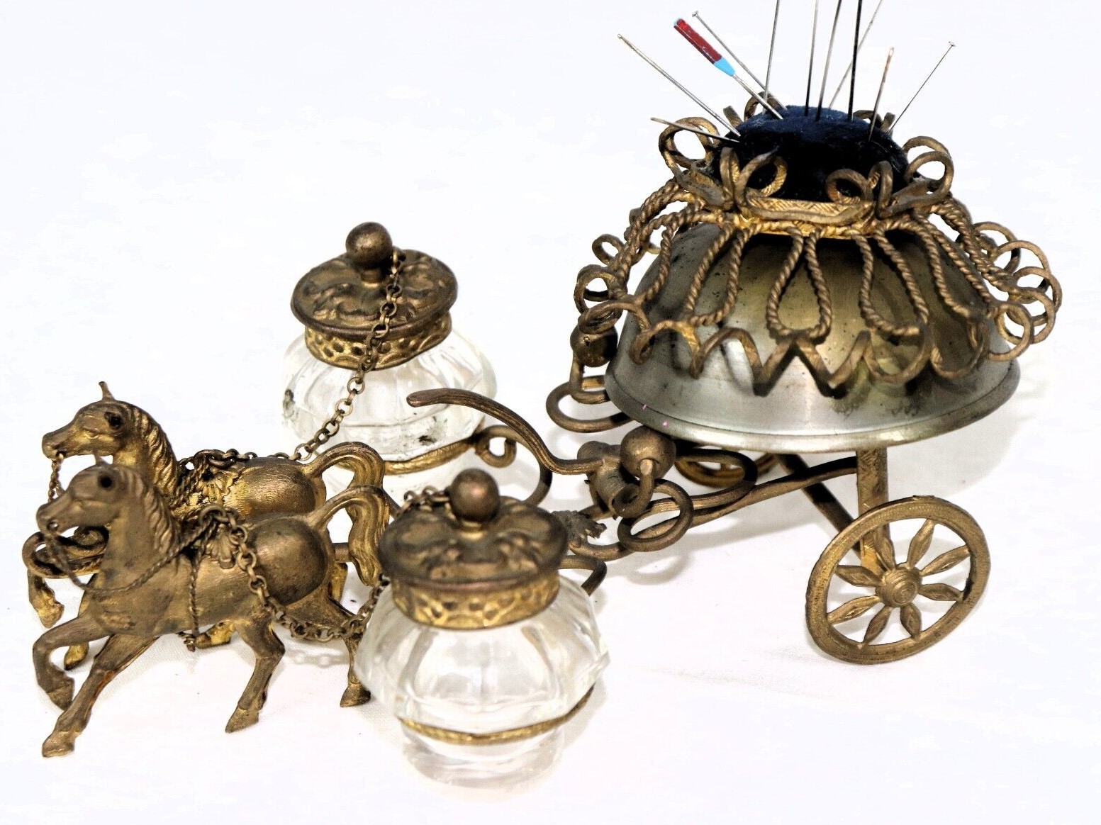 Horse & Carriage Inkwell and Pin Cushion with Bell