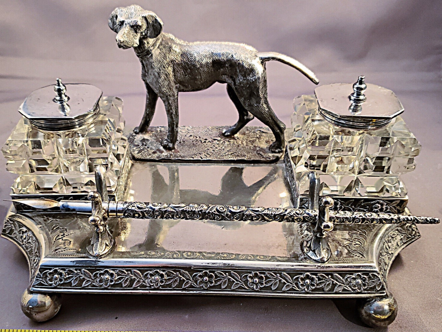 Hunting Dog Silverplate Inkstand