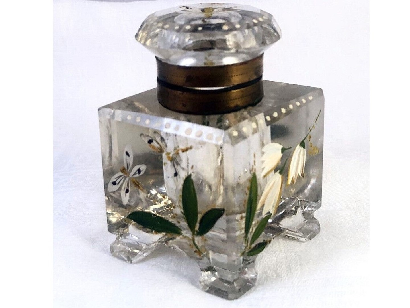 Footed Cut Glass Inkwell with Dragonflies