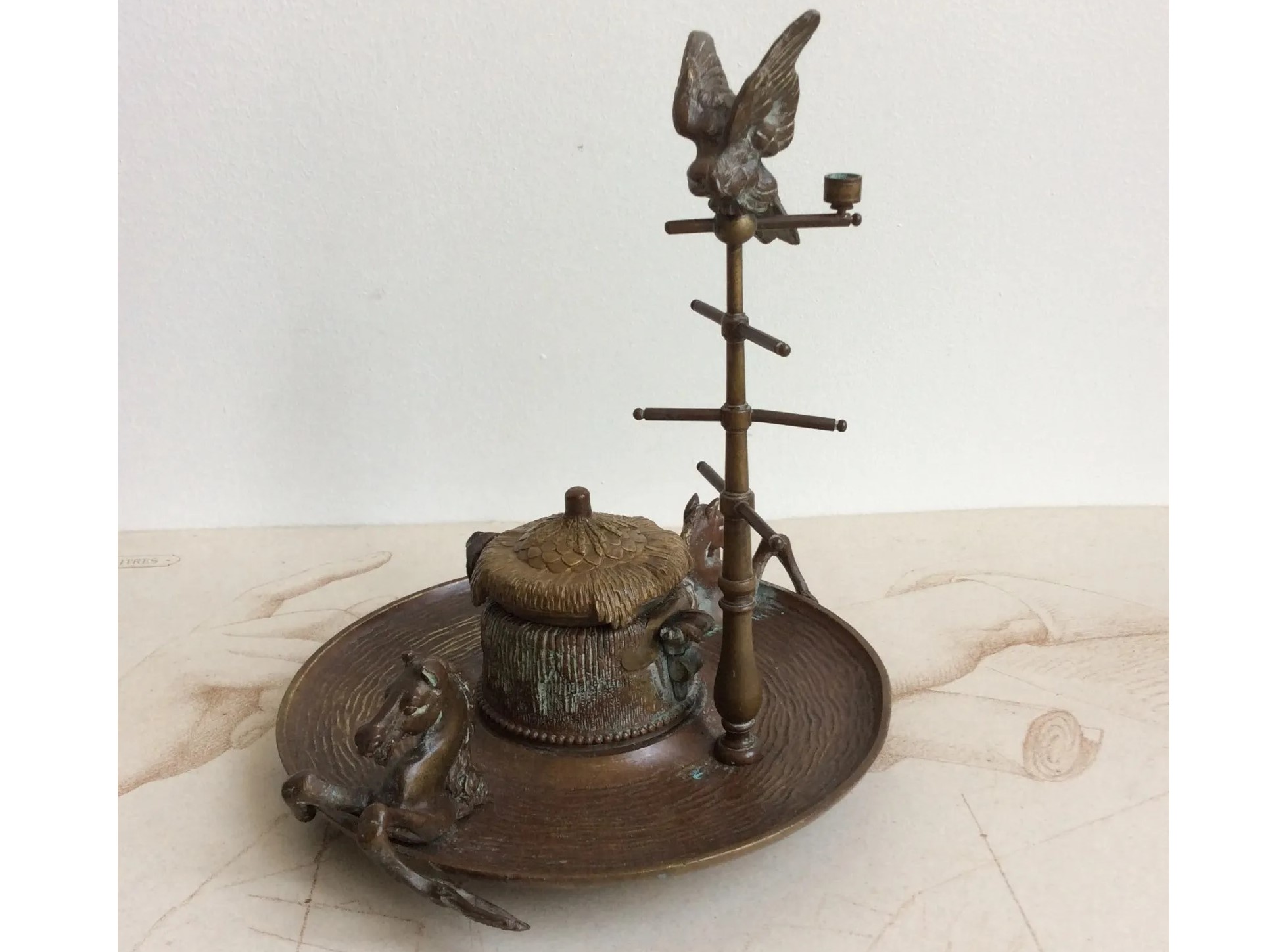 Bronze Inkstand with a Parrot and Horse Heads