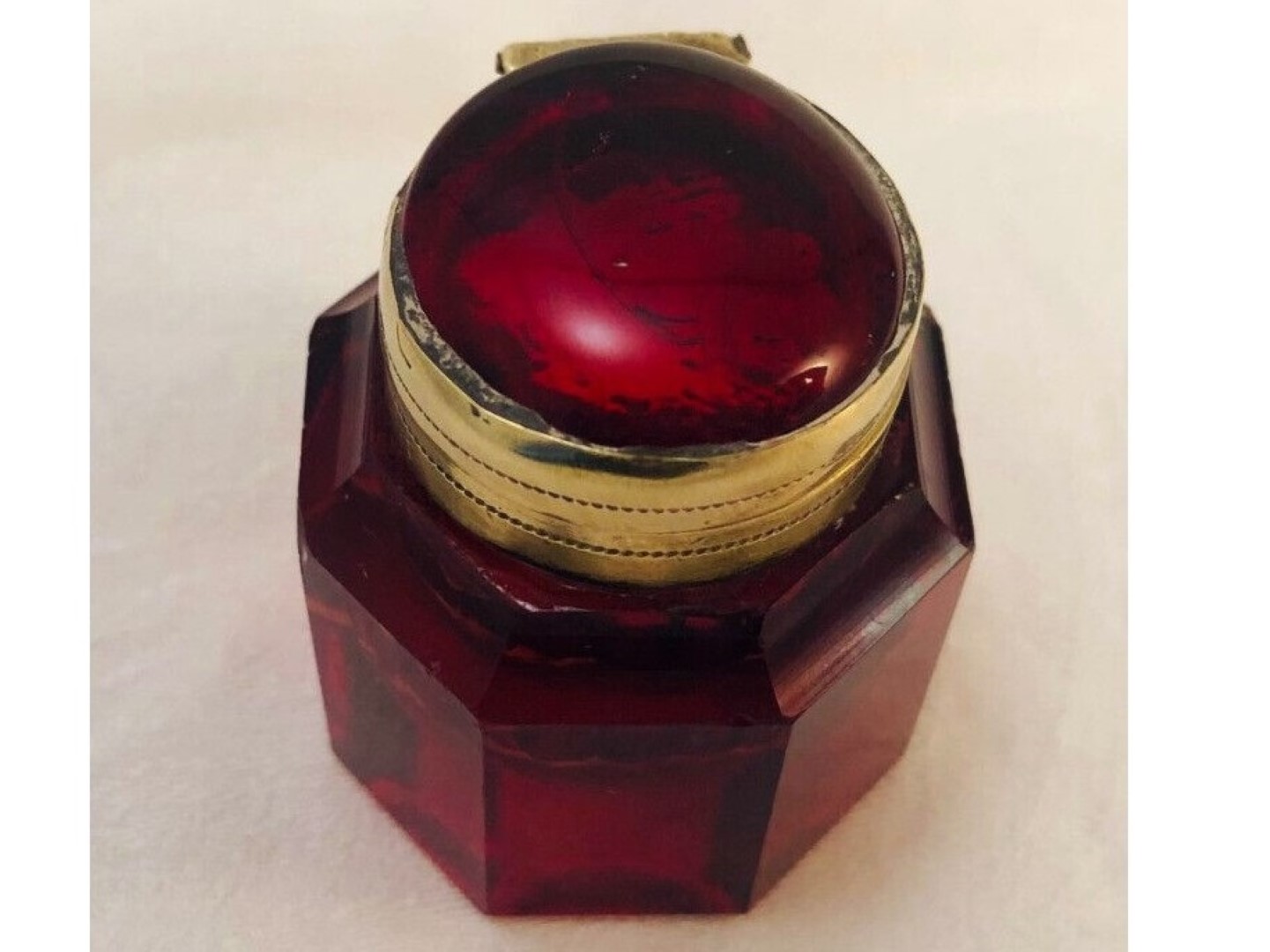 Octagonal Cranberry Cut Glass Inkwell