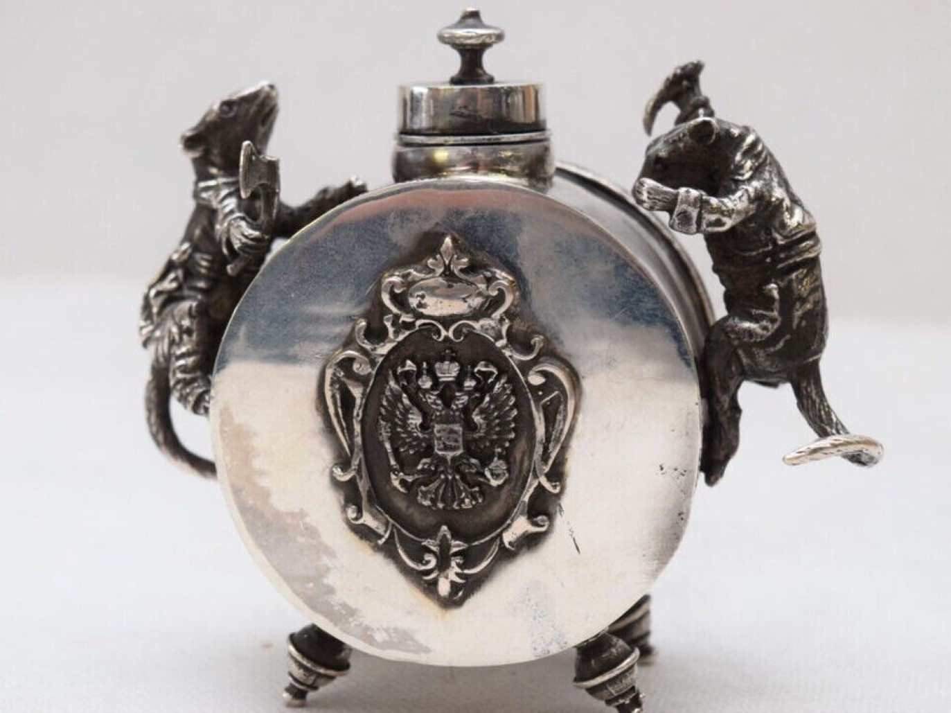 Imperial Russian Silver Inkwell Featuring Rats