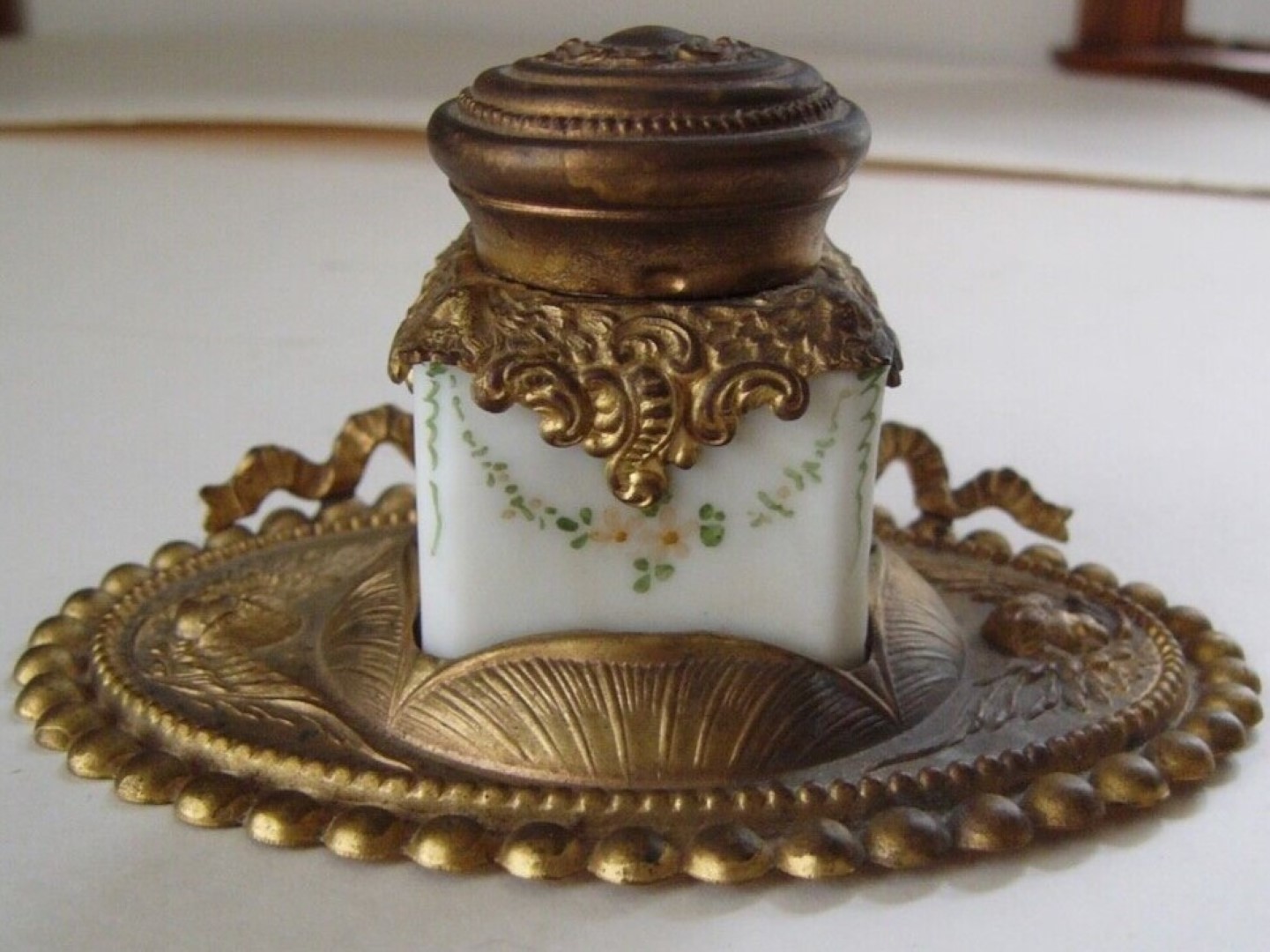 Milk Glass Inkwell on Stamped Brass Holder