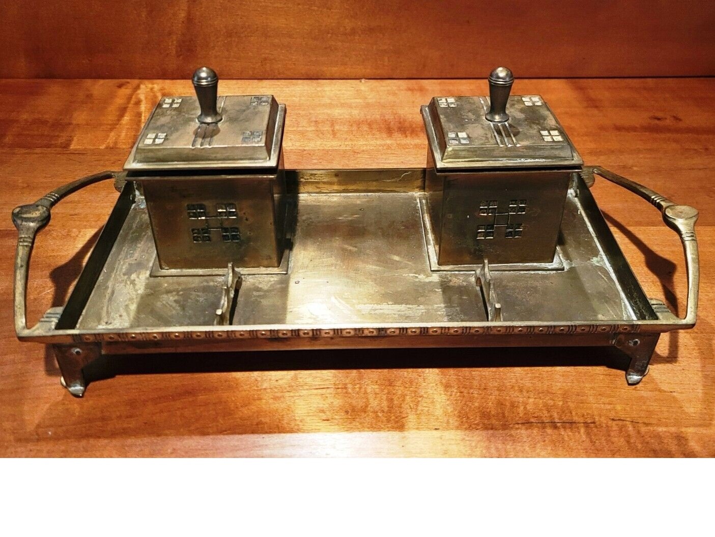 Arts & Crafts Brass Double Inkstand