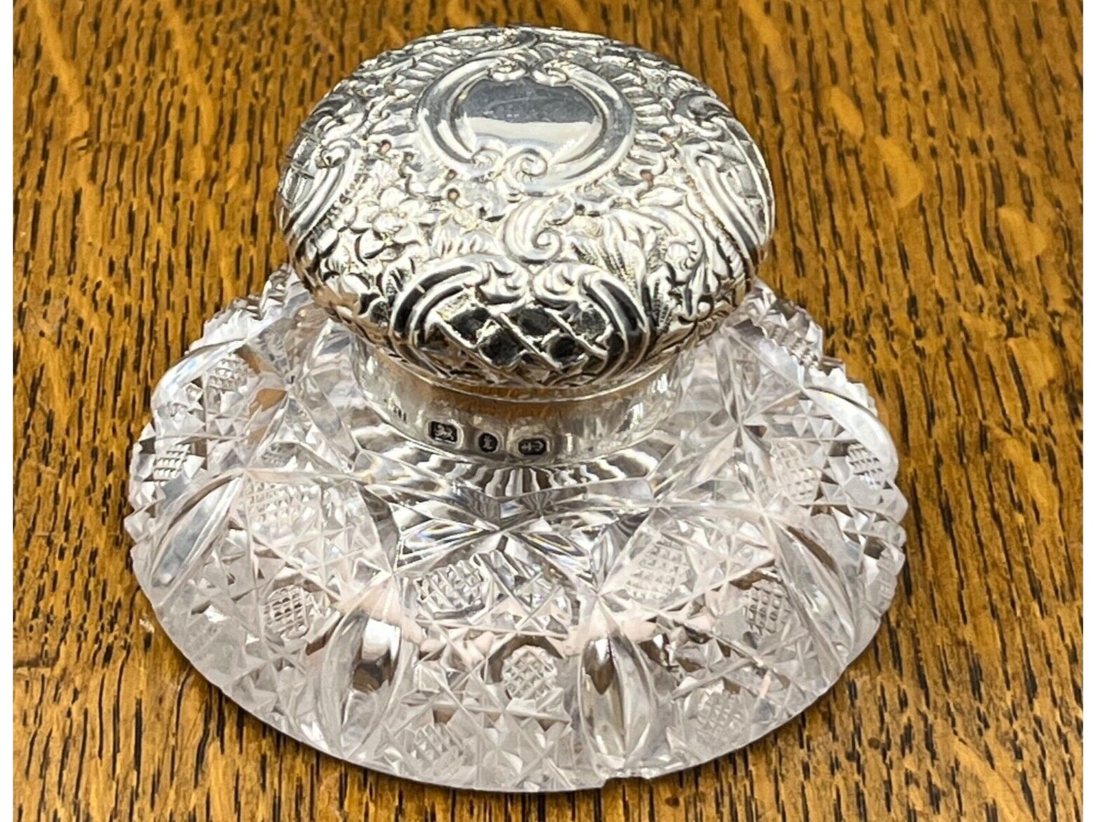 Cut Glass Inkwell with Sterling Lid