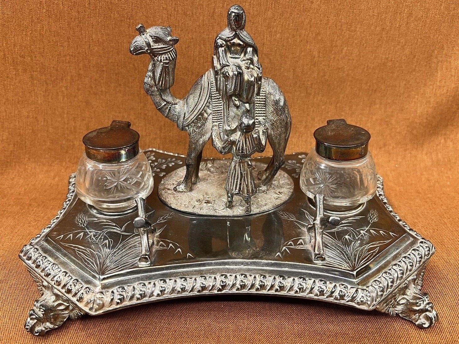 Silverplate Inkstand Featuring a Camel and Rider