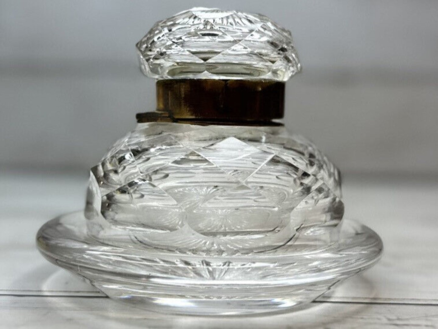 Cut Glass Inkwell with Saucer Base