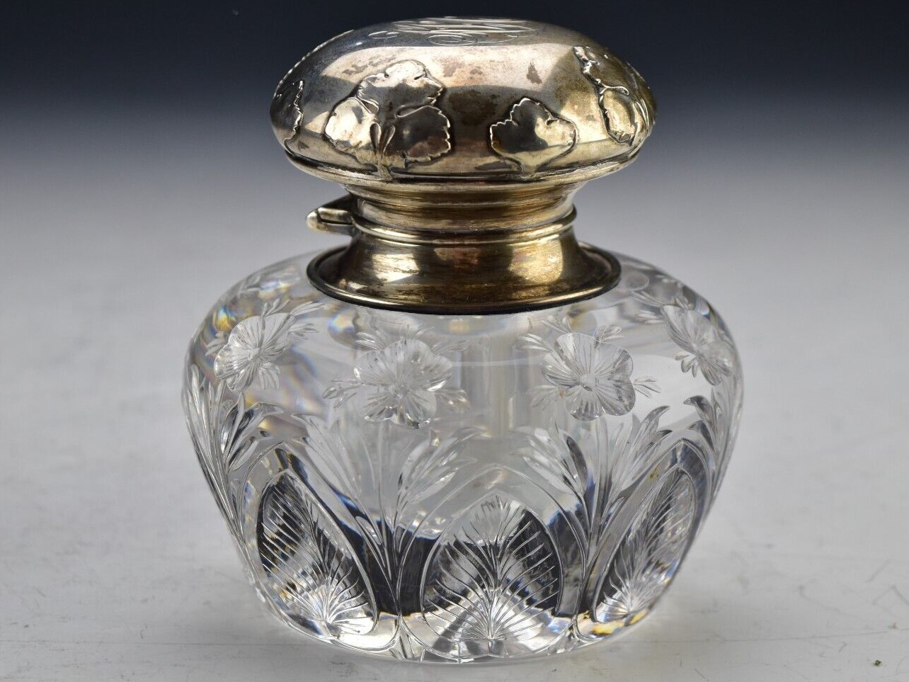 Cut Glass Inkwell with Sterling Lid