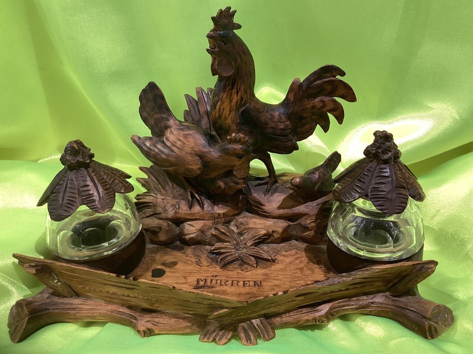 Carved Rooster, Hen, and Chick Inkstand