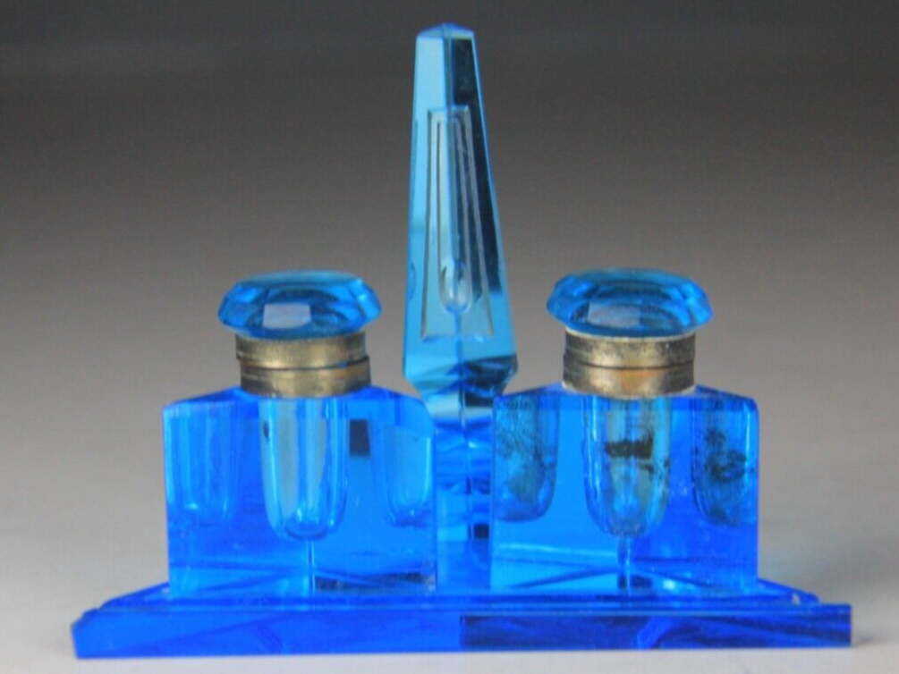 Blue Glass Triangular Inkstand