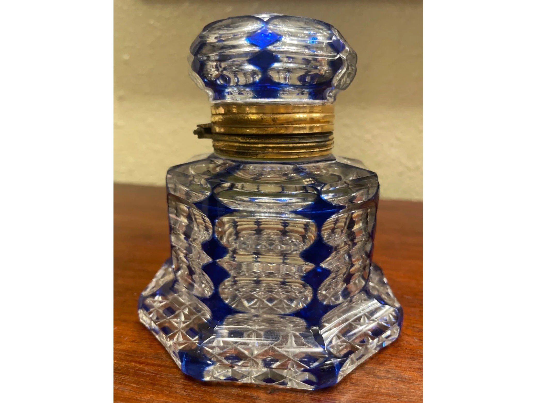 Cut Glass Inkwell with Cobalt Blue Accents