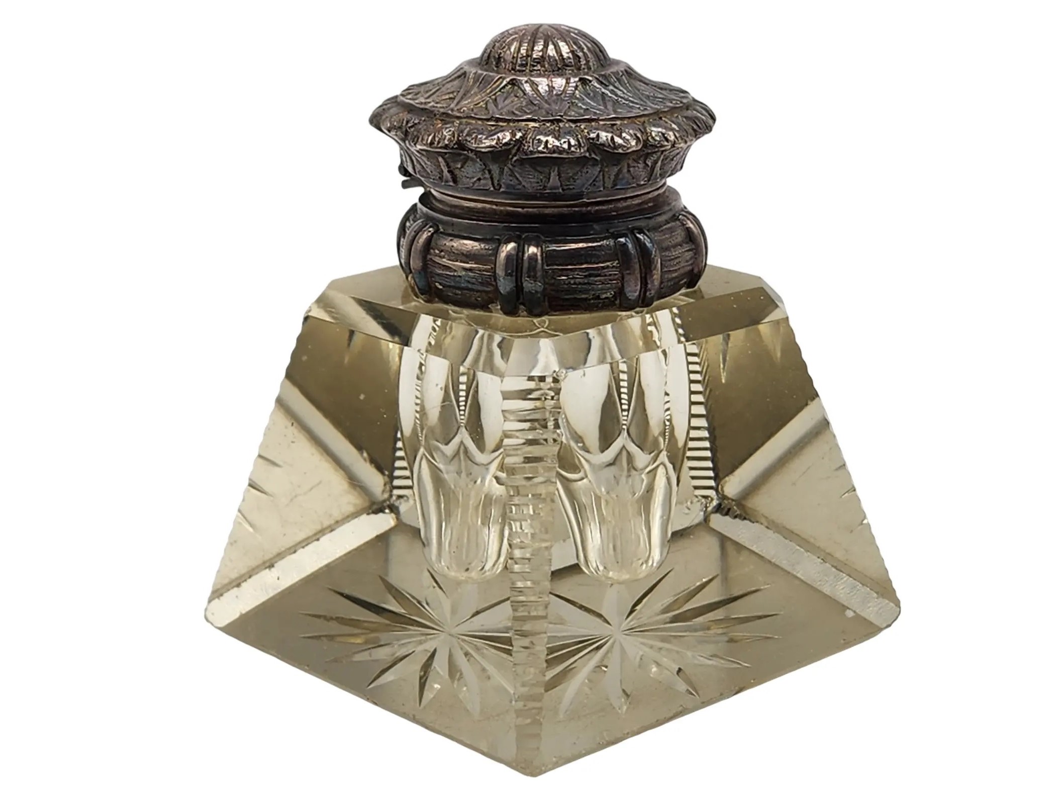 Cut Glass Inkwell with Silverplate Lid