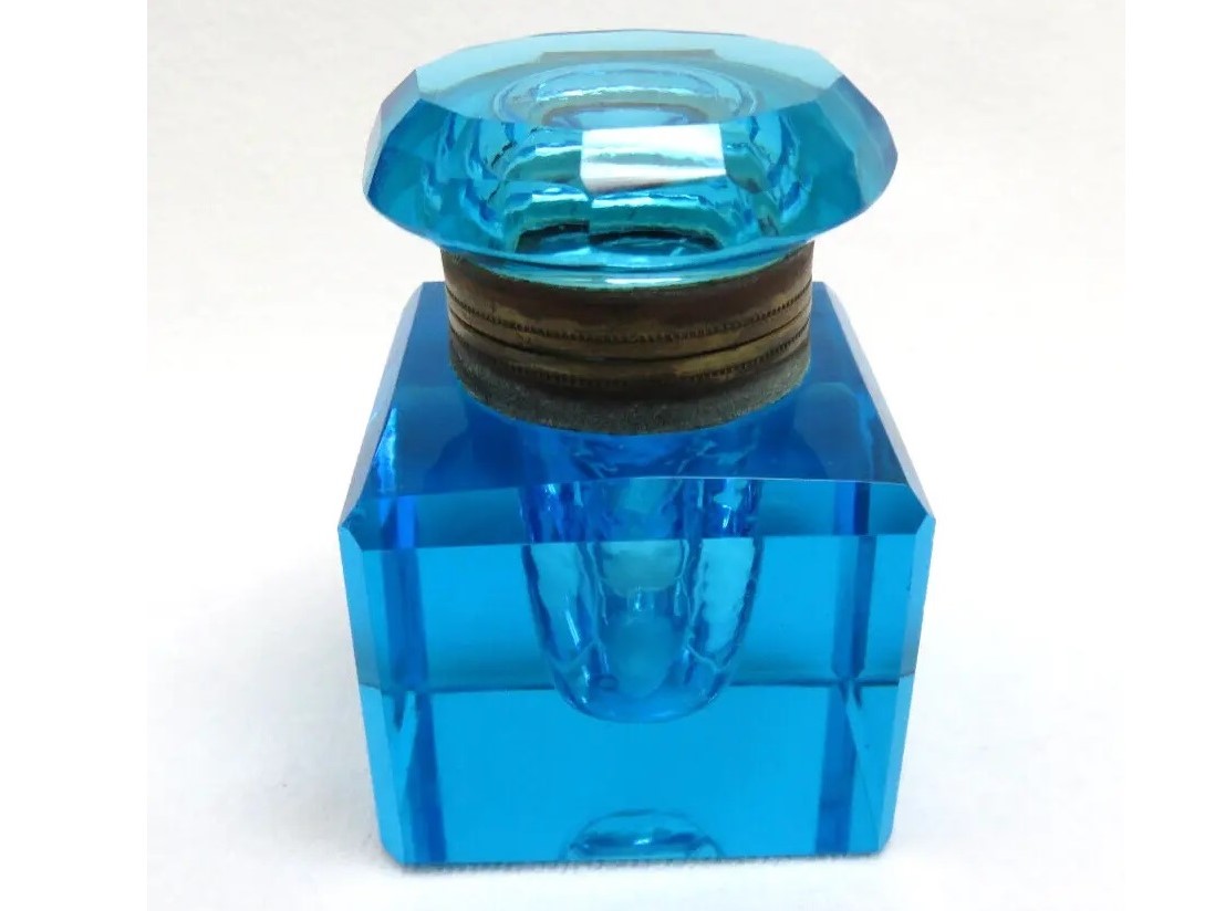 Blue Cut Crystal Inkwell