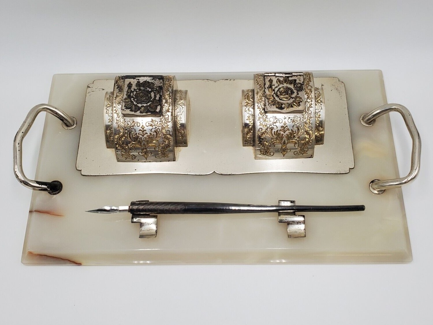 Silver on Marble Double Inkstand