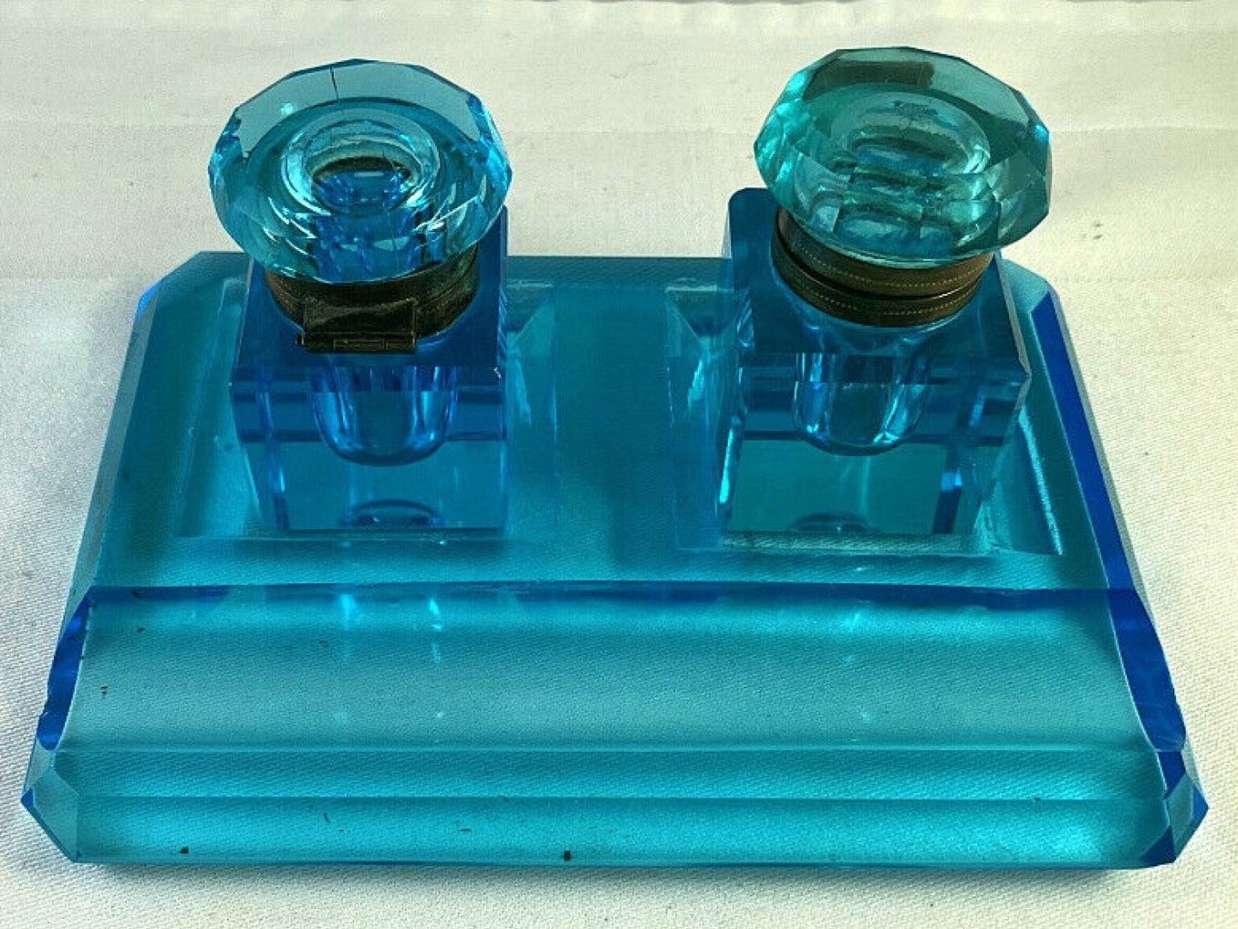 Blue Cut Glass Inkstand