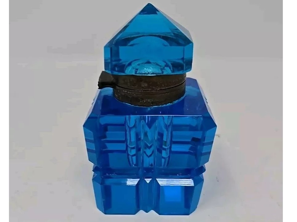 Blue Cut Glass Inkwell